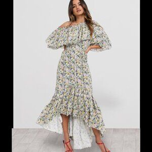 Mango MNG Off One Shoulder Dress Sz SMALL Floral Ruffle Tie Belt NEW